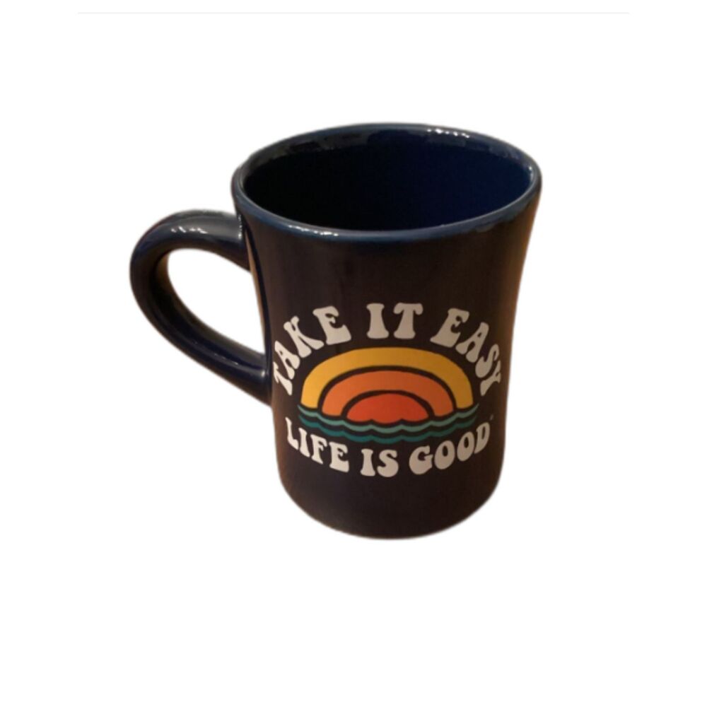 LIFE IS GOOD "TAKE IT EASY" DARK BLUE DINER MUG 15 OZ RAINBOW